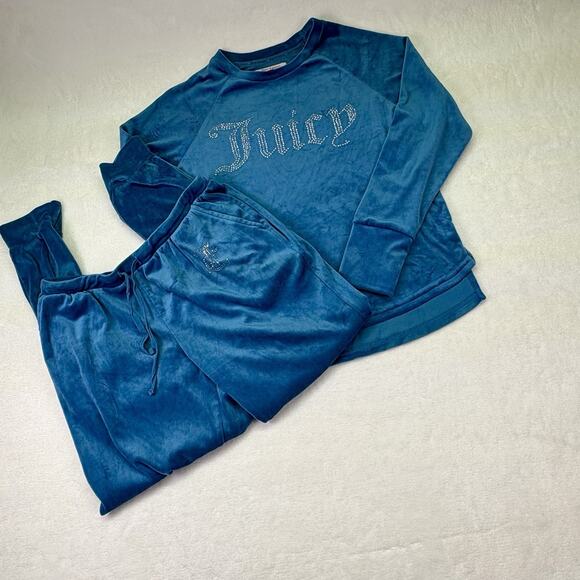 Juicy Couture Velour Tracksuit Lounge Set Blue Rhinestone Logo Top & Joggers Y2K - Picture 1 of 16